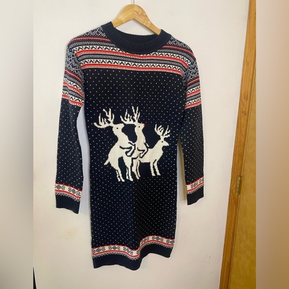 Skedouche Holiday Fair Isle Conga Line Reindeer Sweater Dress - Picture 1 of 5